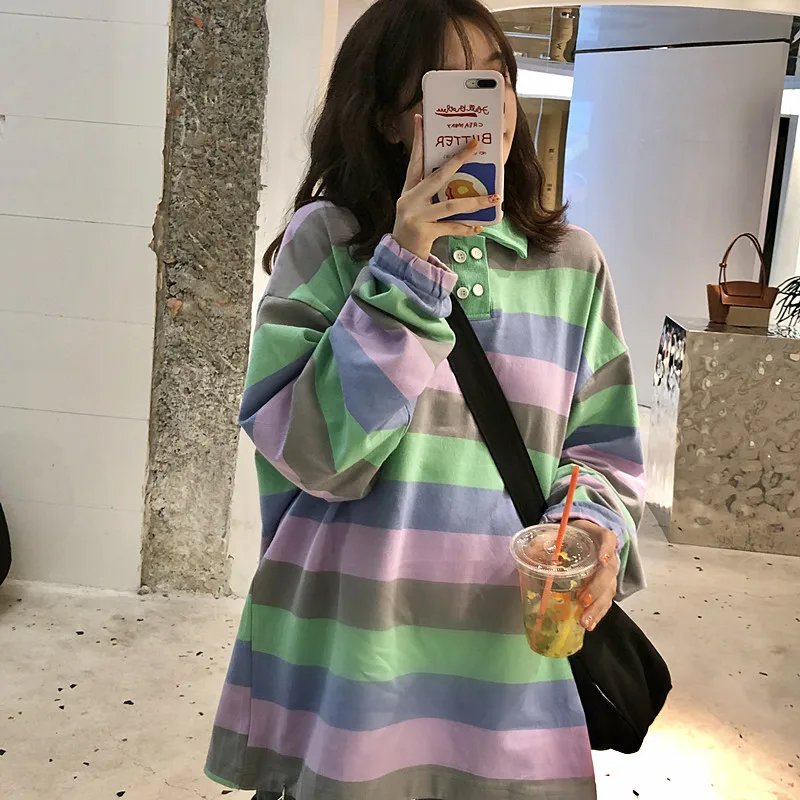 Полосатая футболка с отворотом и длинным рукавом, Женская Корейская Harajuku, женские футболки, топы, японские Kawaii, женская одежда Ulzzang для женщин