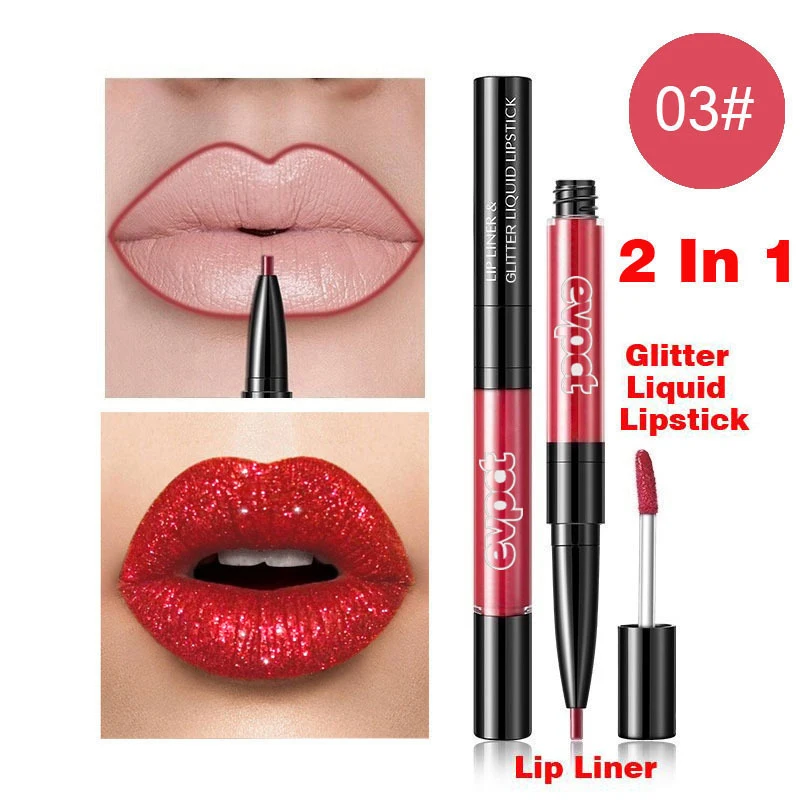 Double-headed Lip Gloss Lip Liner Pencil Diamond Glitter Lipstick Long-lasting Non-stick Cup  Lip Makeup 2 In 1 Cosmetics TSLM1
