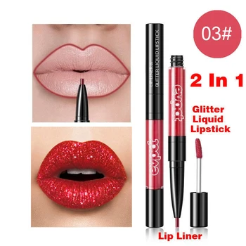 Double-headed Lip Gloss 2 Double headed Lip Gloss Lip Liner Pencil Diamond Glitter Lipstick Long lasting Non stick Cup