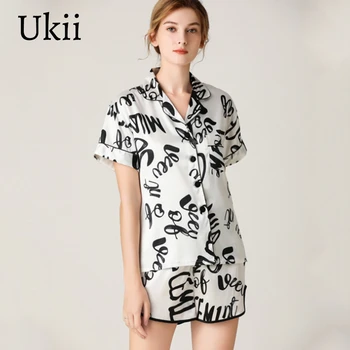 

Ukii Pajamas Sets Women Satin Silk Printed Shorts Sleepwear Lace Up Black White Short Sleeve Lounge Wear 2020 Dropship Plus Size
