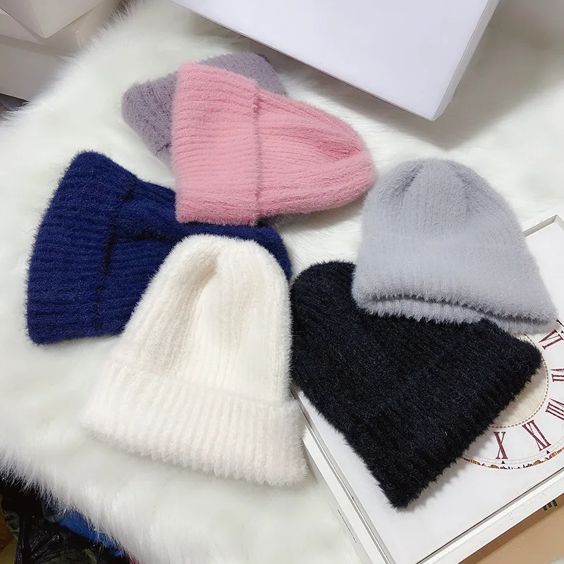 

2019 Fashion Solid Rabbit Fur Beanie Hat for Women Hats Winter Warm Skullies Thick Knit Caps czapka zimowa gorros mujer invierno