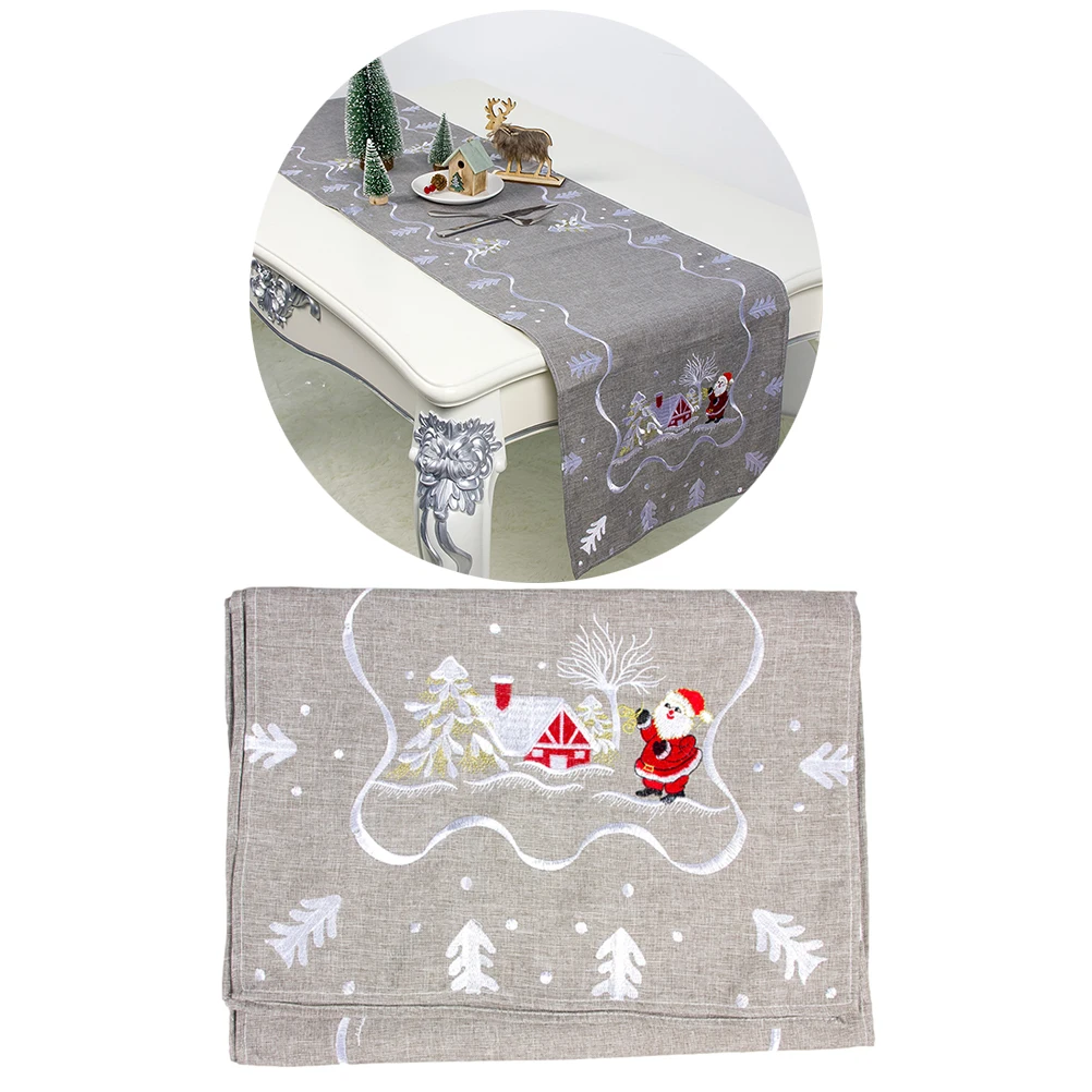 2pcs Christmas Elements Embroidery Table Cloth Santa Claus Party Decoration Christmas Decoration Party Supplies(Grey