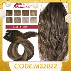 [Venda quente] moresoo clipe no cabelo humano extensões de cabelo natural máquina remy em linha reta conjunto 7 pçs trama dupla extensões brasileiras