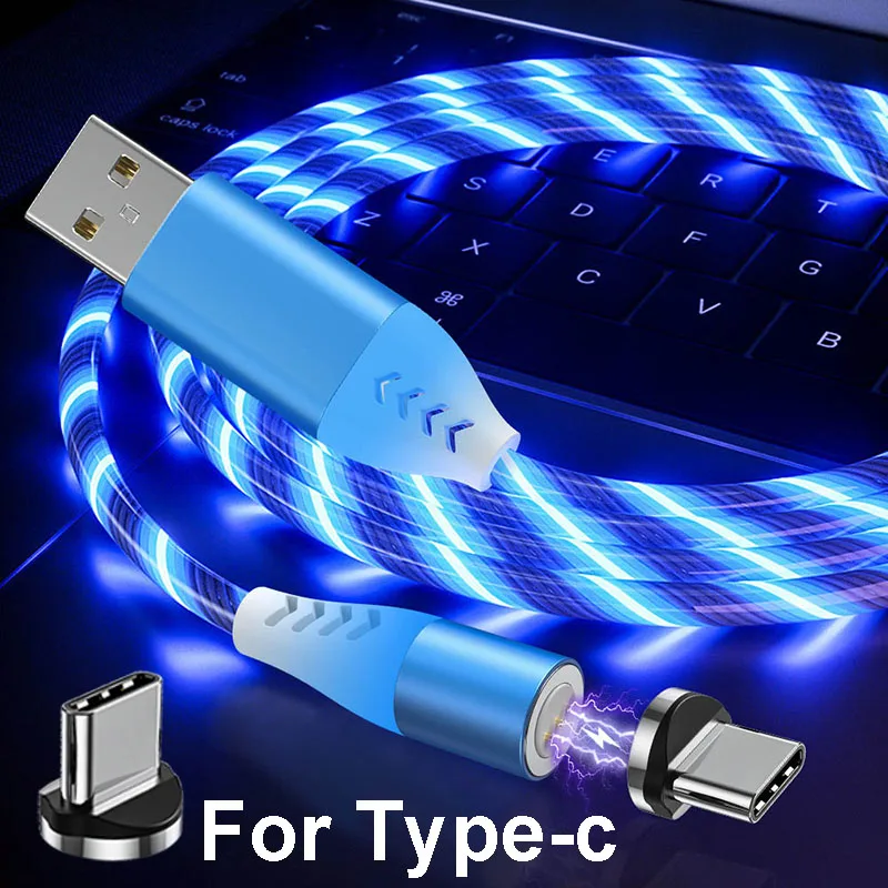 5A Быстрая зарядка Micro USB кабель type C Магнитный течёт светильник светодиодный зарядный кабель 1 м магнит зарядное устройство ЦВЕТНОЙ кабель - Цвет: Blue for Type-c