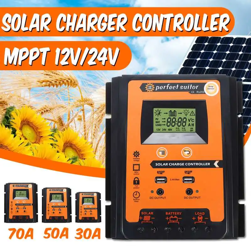 

12V/24V 30A 50A 70A MPPT Intelligent Dual USB LCD Display Solar Charge Controller Solar Panel Battery Regulator