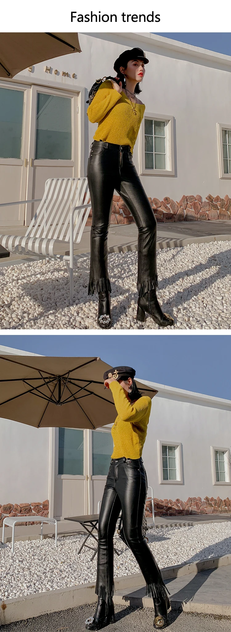 Genuine Leather Pants Minimalist High Waist Tassel Detail Sheepskin Flare Pants Women Autumn Winter Highstreet Slim Trousers