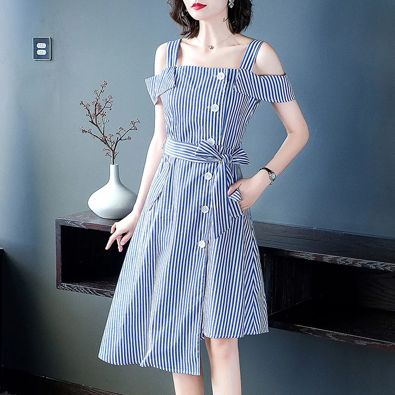 

Blue White Stripes Grain Sling One Word Shoulder Dress Summer Small Fresh Super lu Shoulder Inequation Irregular Skirt