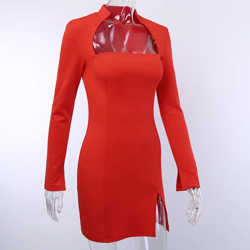 Криптографическое женское красное платье с вырезами на шее, Открытая грудь, с разрезом, облегающее мини-платье, сексуальные женские вечерние платья, Клубная одежда, осень