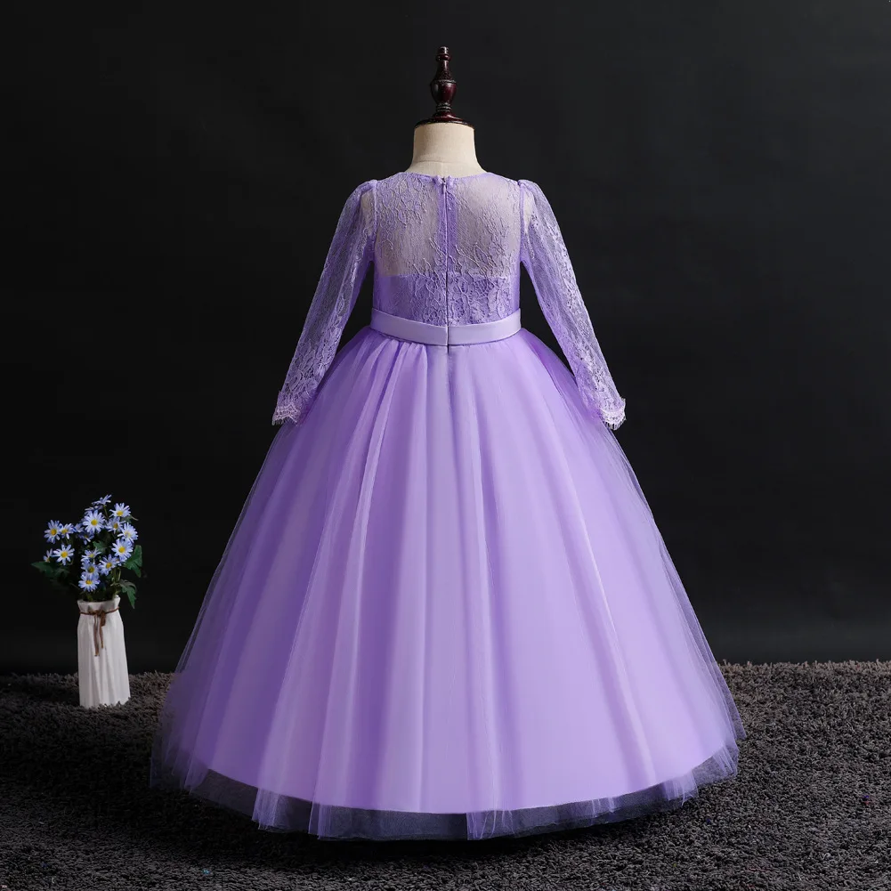 AliExpress однотонное платье для девочек торжественное кружевное платье с вышивкой и длинными рукавами пышное платье принцессы