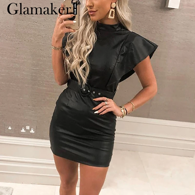 Glamaker сексуальное черное платье из искусственной кожи с оборками Женский Осенний пояс с высокой талией облегающее мини-платье Элегантные Короткие вечерние Клубные ночные платья