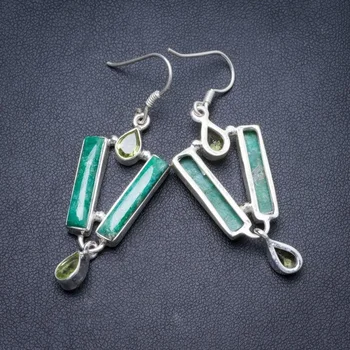 

Natural Emerald and Peridot Handmade Unique 925 Sterling Silver Earrings 2" Y2599