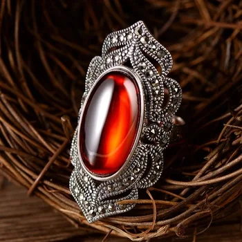 

925 retro personality long synthetic garnet inlaid maxey stone hollow pattern ladies open ring