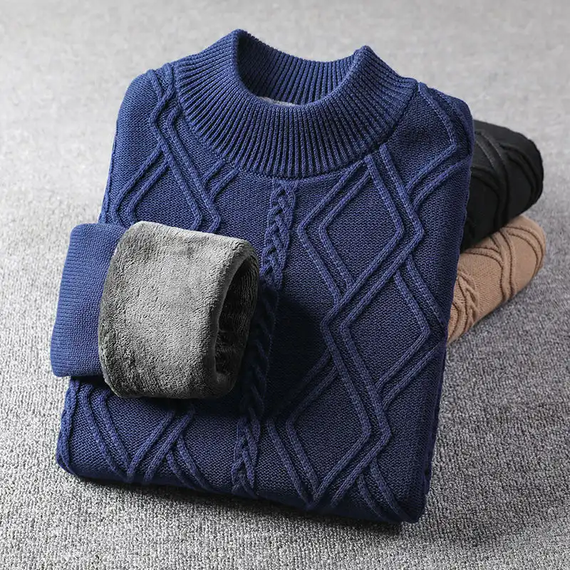 プラスベルベットモックネックメンズ韓国服冬の新ニットプルオーバー暖かいフランネル裏地セータージャンパーセーターhombre プルオーバー Aliexpress