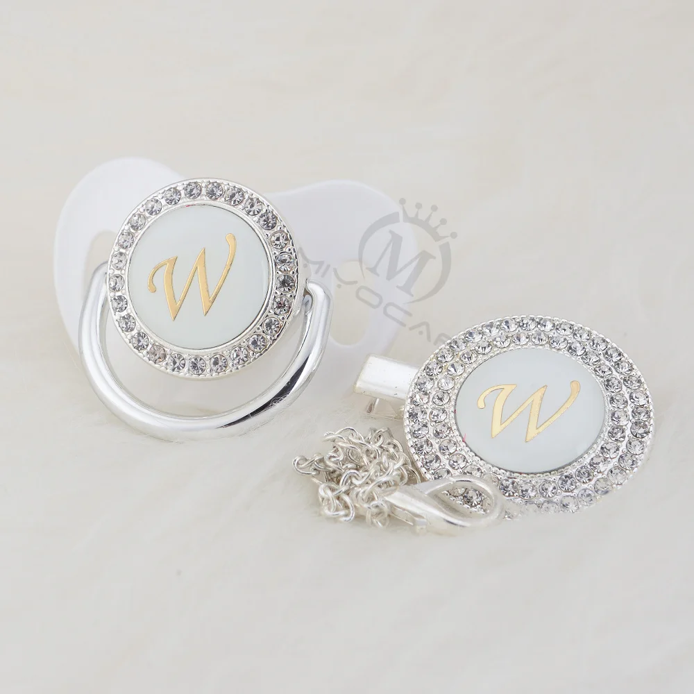 MIYOCAR имя инициалы письмо W Элегантный Серебряный bling соска и пустышка Клип BPA бесплатно пустышка bling babyshower подарок SGS пройти LW-1