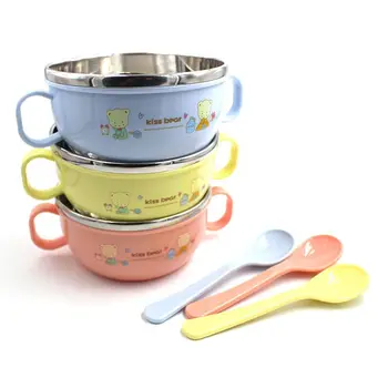 

New Baby Dishes Food Storage Cartoon Pattern Bowl Spoon Set For Kids Children Stainless Steel Dinnerware Feeding I N
