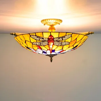 

55cm color glass small living room dining room bar bedroom art semi ceiling lamp American style wind yellow Dragonfly