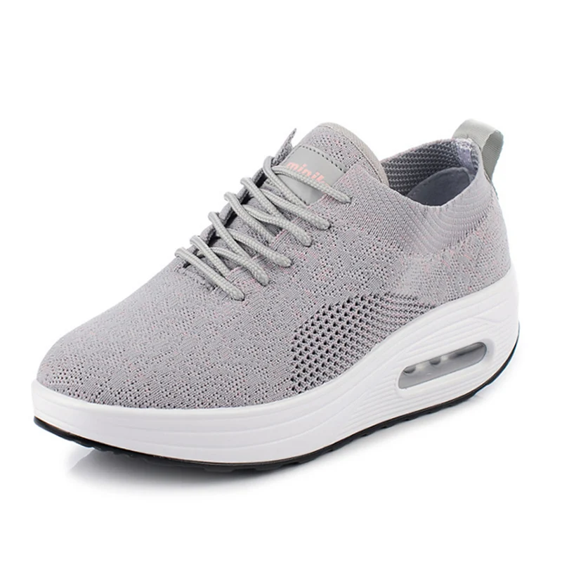 Women Flat Shoes Comfortable Platform Shoes Mesh Casual Sneakers Thick Heel Swing Wedges Shoes Black Lace Up Walking Shoes - Цвет: 2006-2 gray