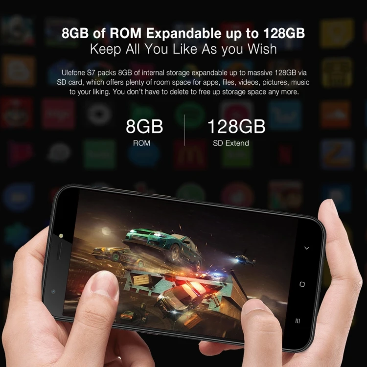 Cost-effective smartphone Ulefone S7 5.0 inch Corning Gorilla 3 screen MTK6580A Quad Core 1GB+8GB/5MP+8MP Android 7.0 3G mobile