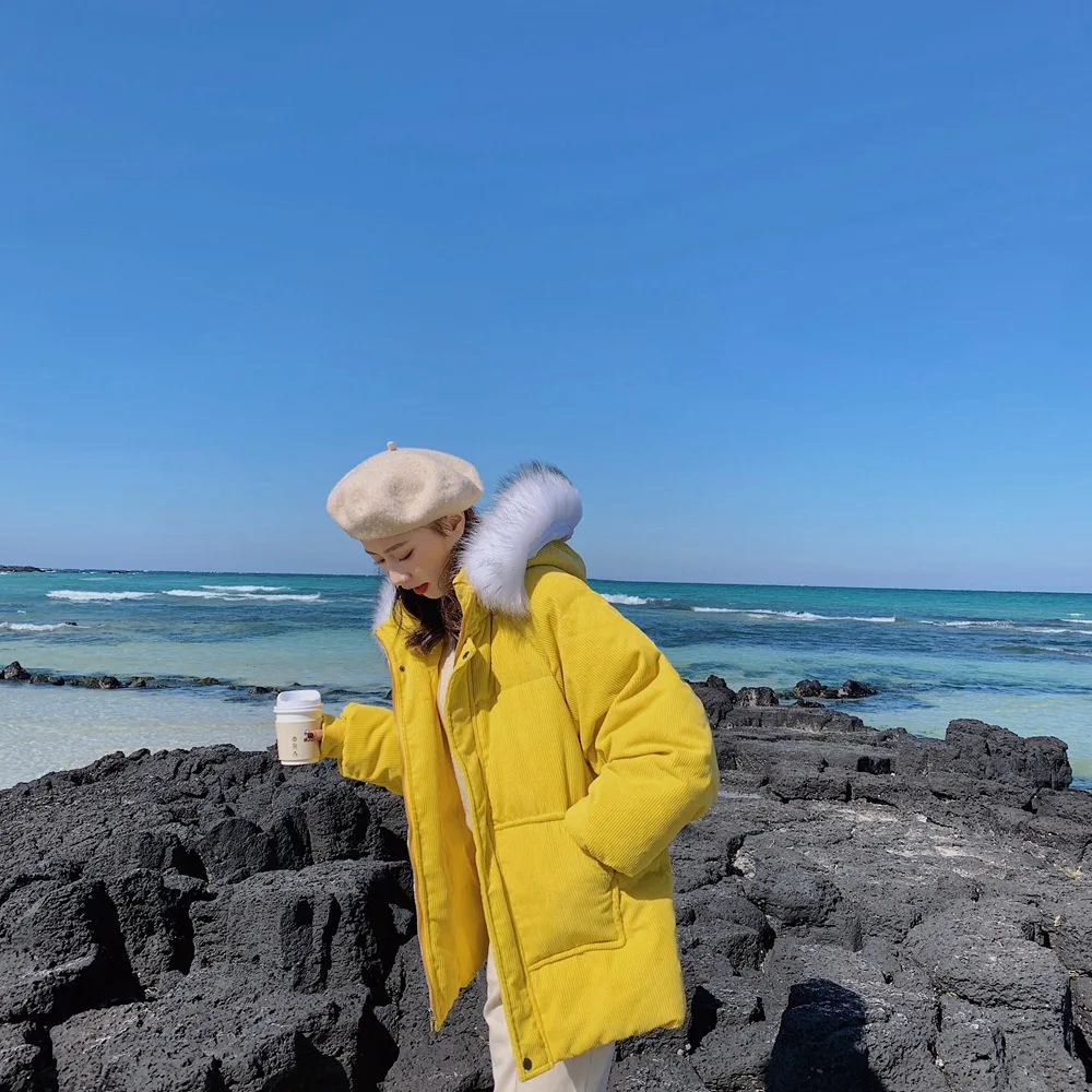 

Photo Shoot 2018 Winter New Style WOMEN'S Dress-Style CHIC-Style Short Corduroy Cotton Coat Hooded Fur Collar Cotton-padded Clot