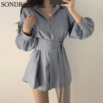 

New Korean Shirts Women Sashes Trendy All-Match Leisure Top Female Long Sleeve Solid Color Shirt With Shorts Two-Piece Set 2020