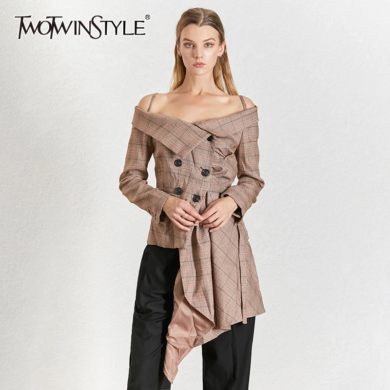 TWOTWINSTYLE, Женский блейзер в клетку, с длинным рукавом, на шнуровке, ассиметричное, элегантное пальто для женщин, новинка