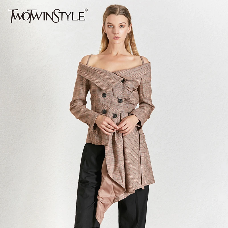 

TWOTWINSTYLE Plaid Irregular Women's Blazer Patchwork Slash Neck Long Sleeve Lace Up Asymmetrical Elegant Coats Female 2019 New