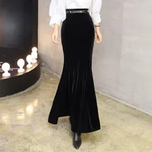 Осенне-зимняя черная длинная юбка женская винтажная бархатная длинная юбка-Русалка с бесплатным поясом плюс размер Элегантная велюровая юбка 2295LY