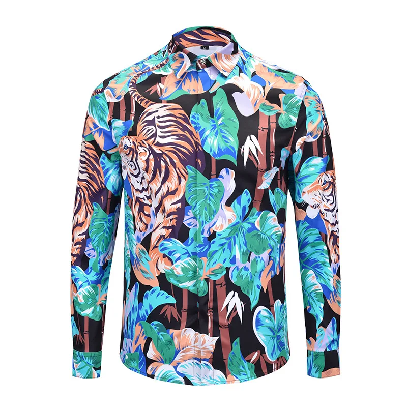 Повседневная мужская одежда, рубашка с длинным рукавом, европейская версия, цифровая печать тигровых чернил, уличная одежда, Camiseta Masculina