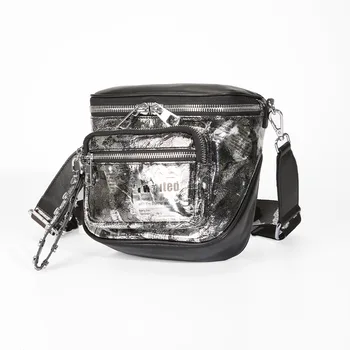

2020 new leather newspaper pattern tide INS multi-compartment king metal chain crossbody waist bag female chest bag