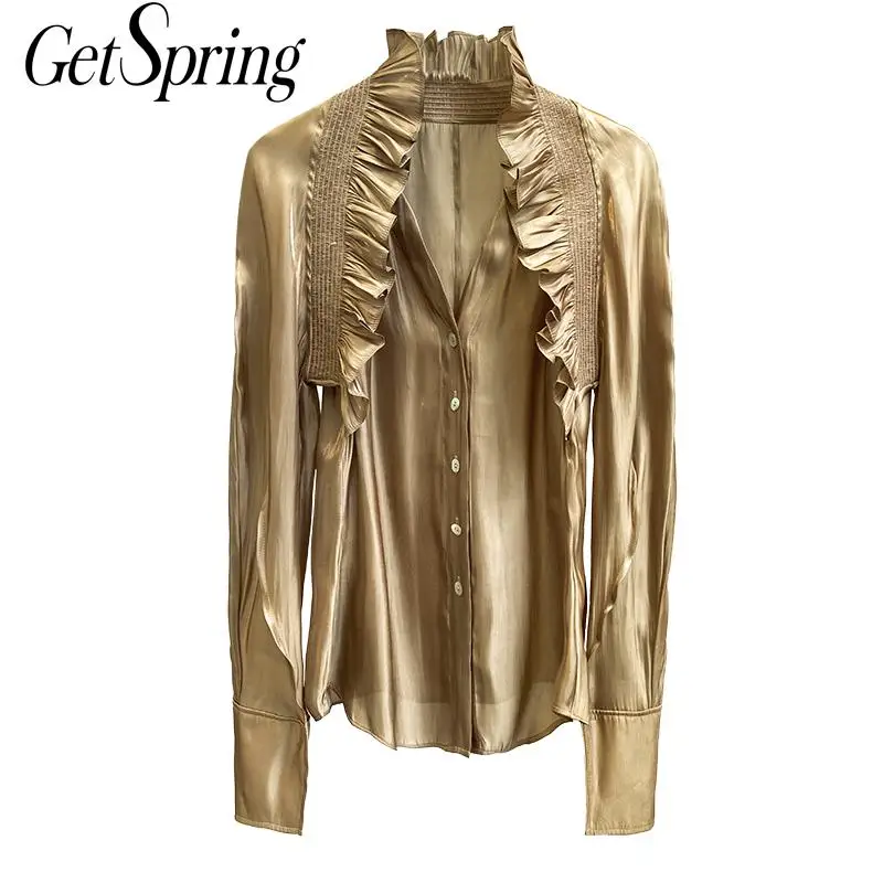 Getspring Women Shirt Ruffles Patchwork V-neck
