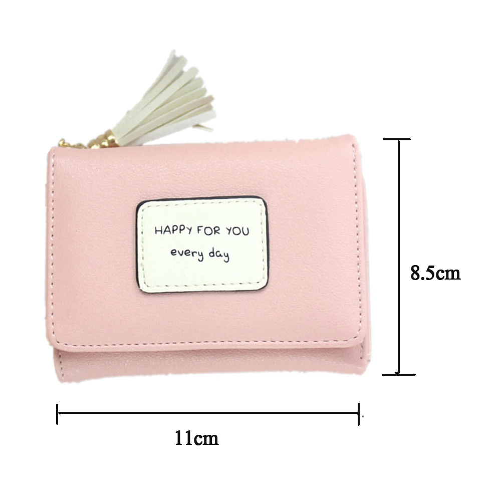 Womens Short Card Holder ID Card Case Wallet Purse Tassel Three Fold Cute Student Wallet Small Fresh for Female Girls