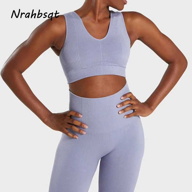

NRAHBSQT Women Sports Bra And Leggings Set Seamless Yoga Set High Waist Tight Pants Fitness Workout Clothes Gym Yoga Suits YS182