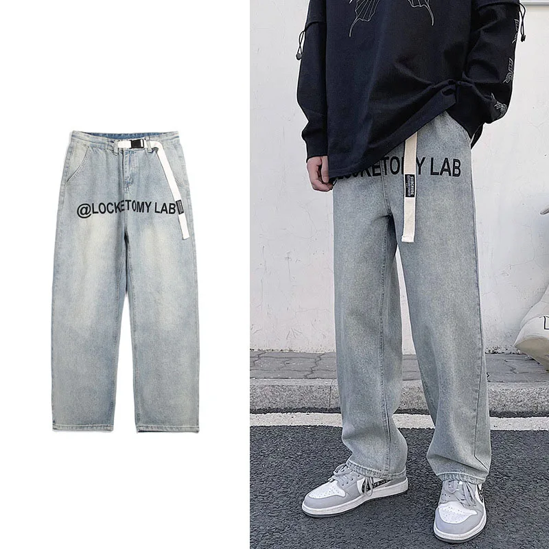 

Fashion Mens Retro Washed Dad Jeans Ins Letter Printed Wide Leg Denim Pants Vintage Loose Fit Jean Trousers For Male