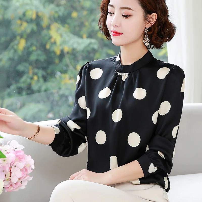 

Shirt Women's 2020 Spring And Autumn New Style Imitated Silk Fabric Shirt Polka Dot Printed Base Shirt Elegant Business Chiffon