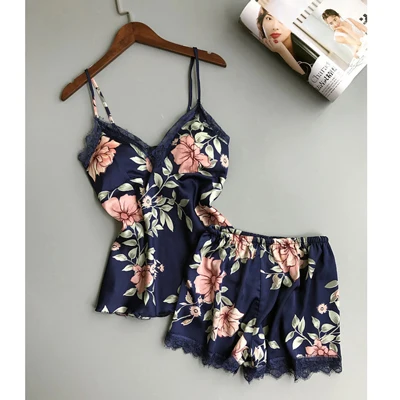 blue 2piece Сексуальный пижамный комплект, ночное платье-комбинация для женщин, атласная пижама, домашняя одежда, домашняя одежда, вышивка, Пижама для сна - Цвет: blue 2piece