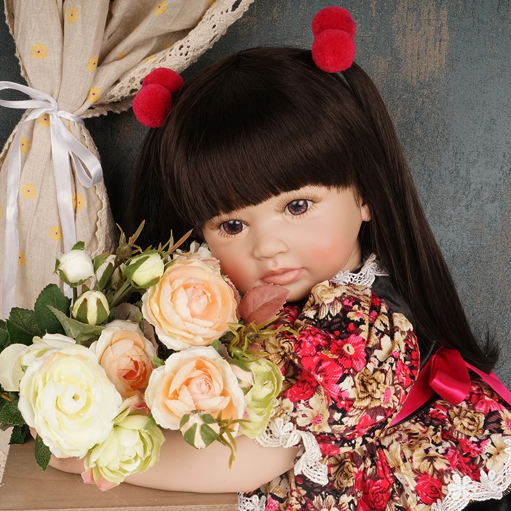 

60cm Reborn Baby Toddler Doll Girl Princess Silicone Vinyl Cotton Body Floral Dress Long Hair