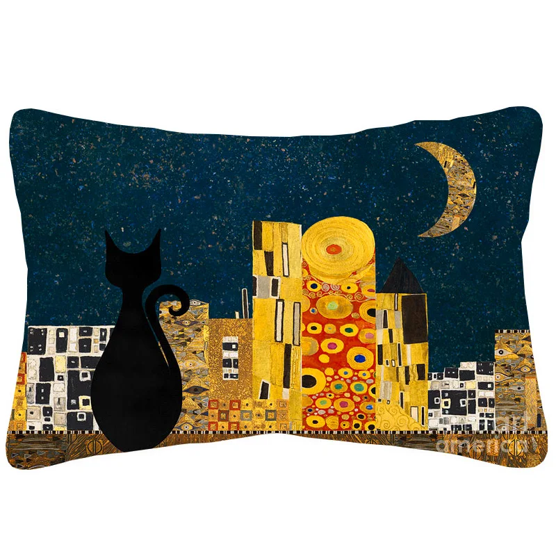 Декоративные льняные наволочки Klimt с изображением кота и города лунного света |