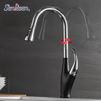 

Senlesen Kitchen Pull Out Faucet Black Brass Deck Mounted Tap Double Water Outlet Modes Hot and Cold Water
