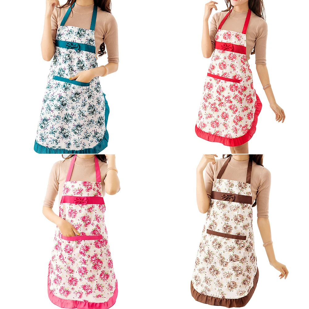 Women Floral Bowknot Waterproof Kitchen Restaurant Cooking Pocket Dress Apron
