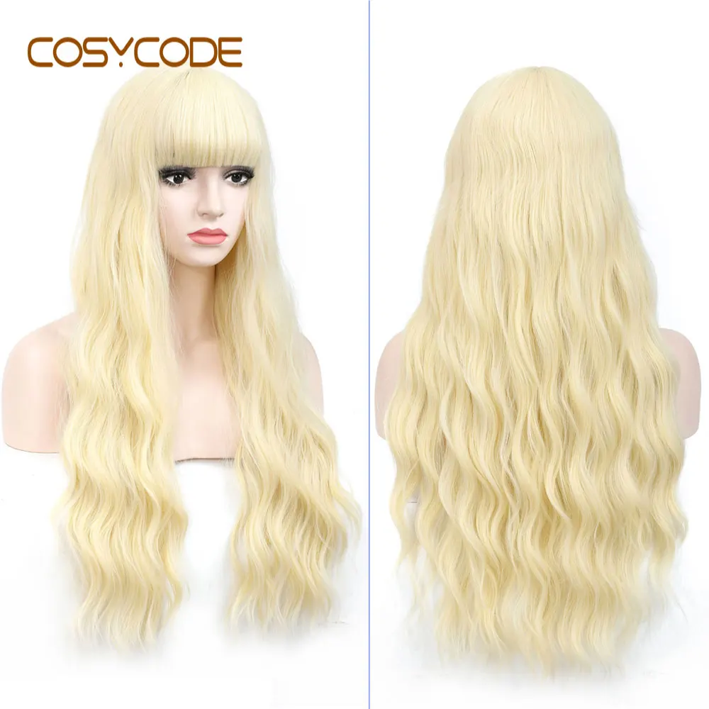 COSYCODE парик блонд с челкой длинные волнистые вьющиеся парик 26 дюймов Синтетические Косплей вечерние парики для женщин Цвет 613