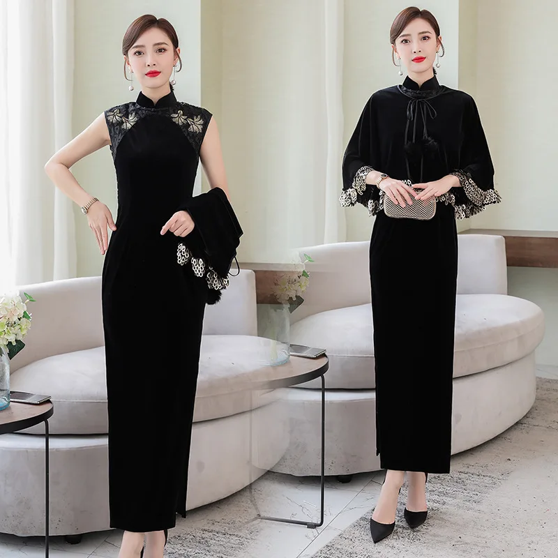 

Improved Edition Cheongsam Two Pieces Dress Outfit Chinese Style Banquet Formal Dress Women's Long Elegant Shawl Chinese-style A
