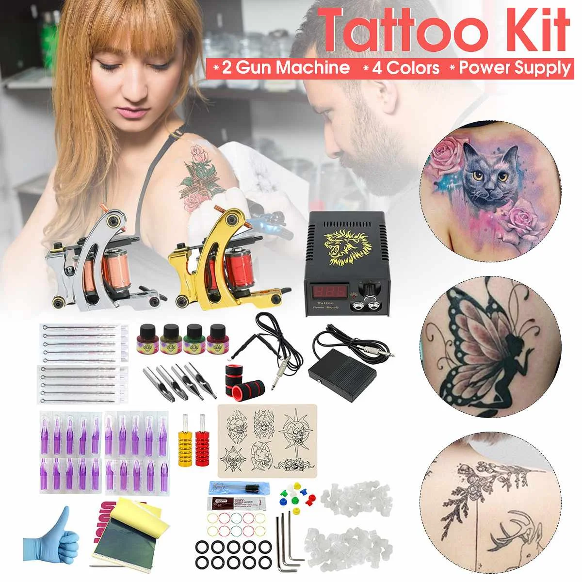 Complete Tattoo Machine Kit Set 2 Coils 4 Inks Colors Pigment Sets Power Tattoo Beginner Grips Kits Permanent Makeup Body Art