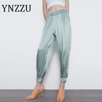 

YNZZU Casual Style Silk Satin Pants Women 2020 Spring Summer New High Waist Solid Soft Women Harem Pants Trousers AB320