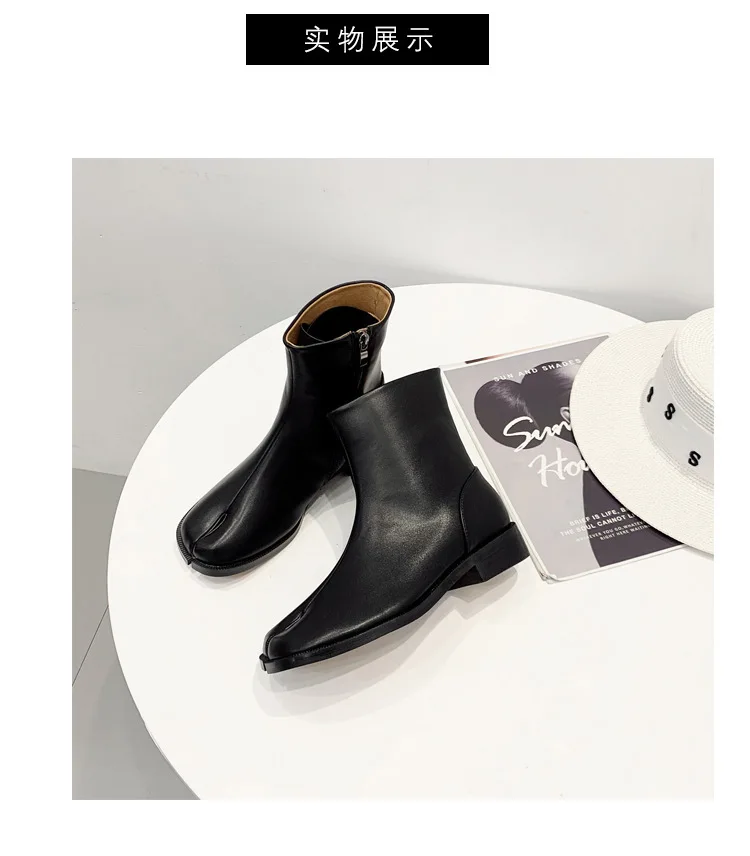 Знаменитости Популярные tabi ботинки в стиле ниндзя женские Новые короткие однотонные Ботинки martin на низком каблуке; Модный зажим носок швейная обувь «Челси»; botines