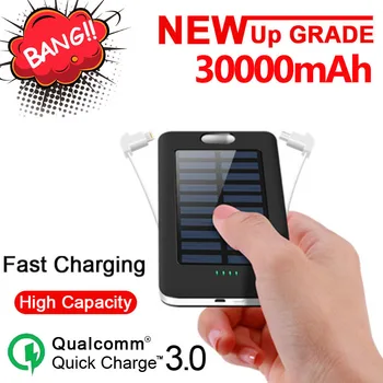 

30000mAh Solar Power Bank LED Powerbank Solar Charger External Battery Built in Cable for All smartphones