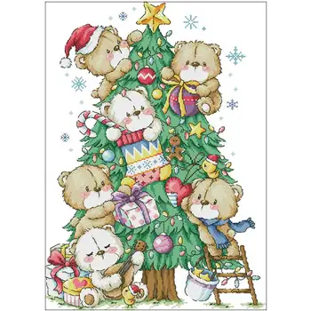 

Bear dresses up the Christmas tree Counted Cross Stitch 11CT 14CT 18CT DIY Chinese Cross Stitch Kits Embroidery Needlework Sets