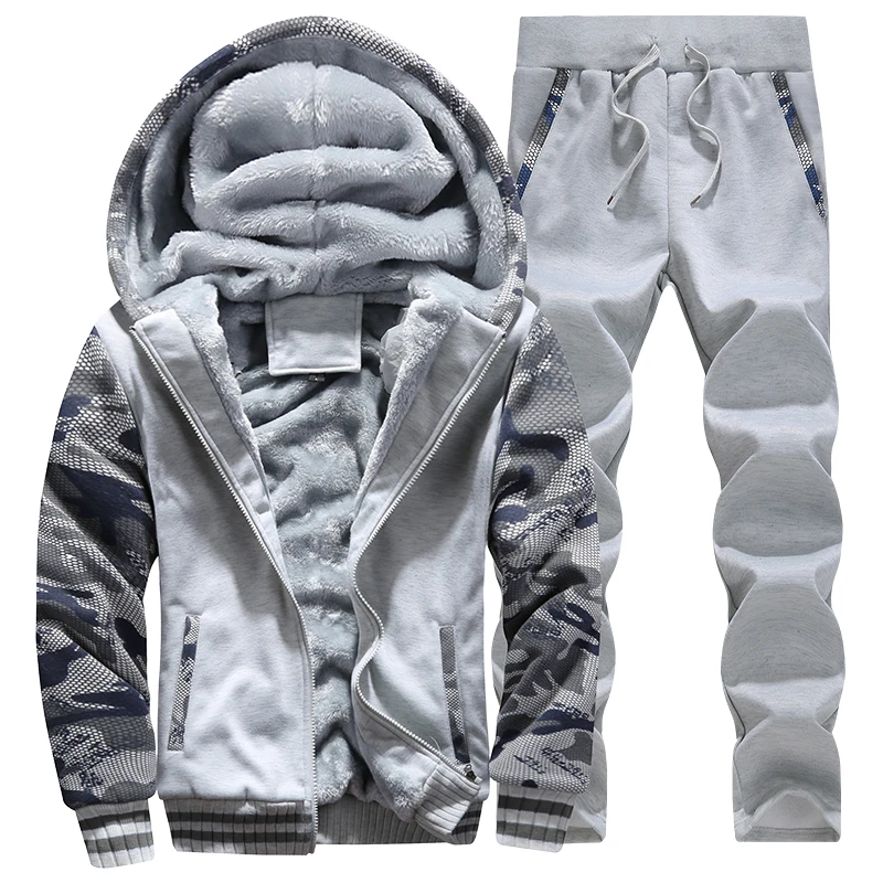 Günstige Trainingsanzug Männer Camouflage Armee Casual Kapuze Warme Sweatshirt Männlichen Winter Dicke Innere Fleece 2PC Jacke + Hose Männer Moleton masculino
