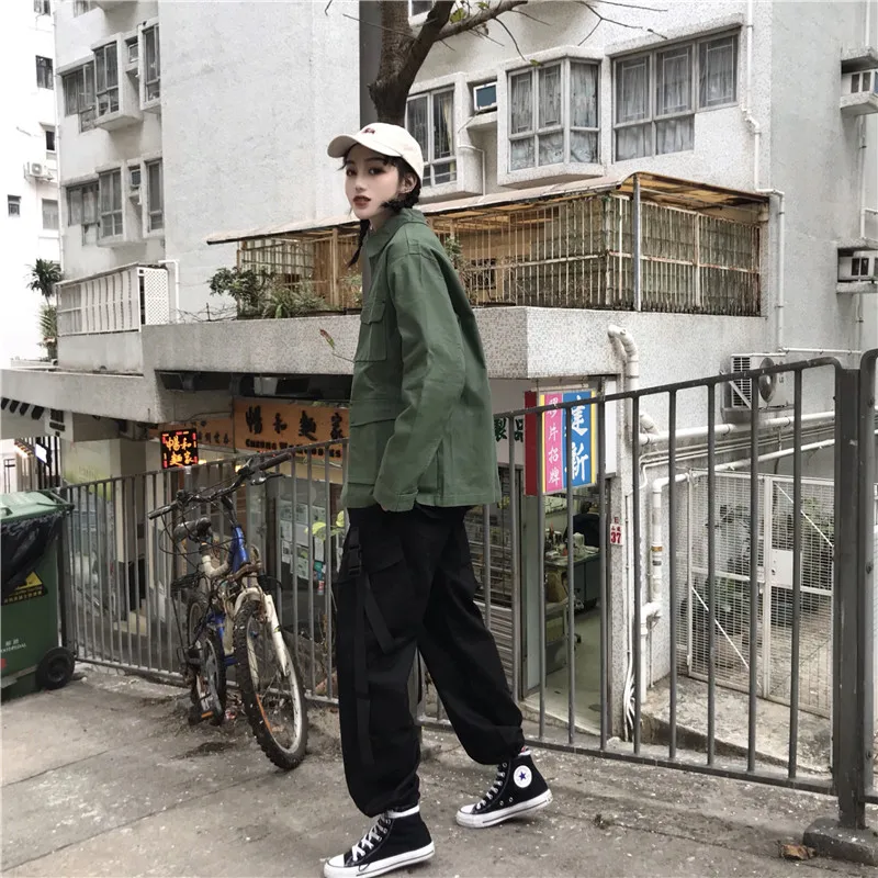 Летние Han ins Harajuku винтажные BF уличные брюки карго женские Модные свободные однотонные повседневные женские брюки карго с высокой талией