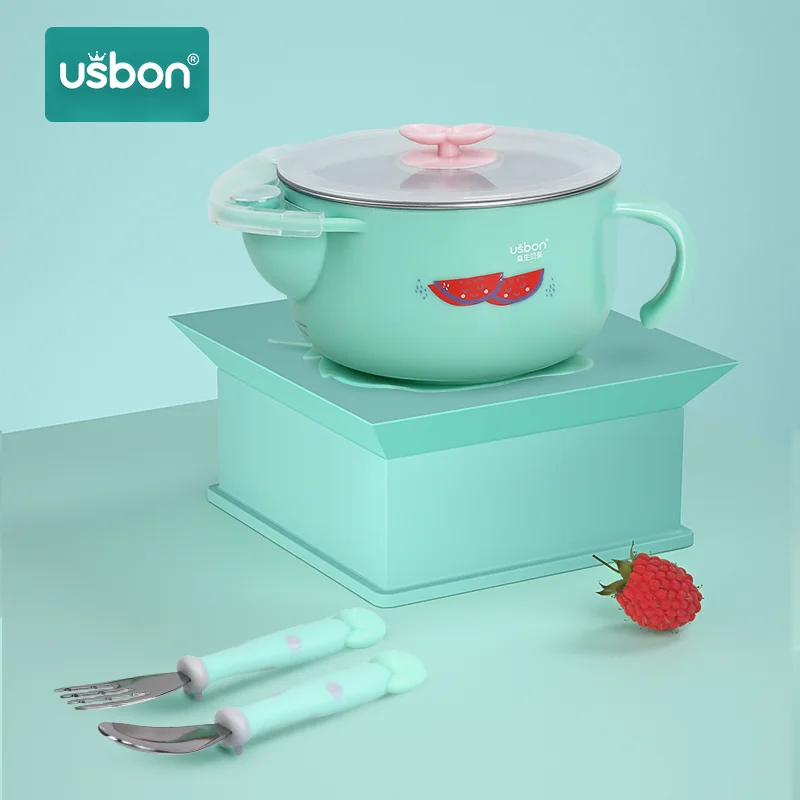 Usbon, 5 шт., набор посуды для детей, 316 нержавеющая сталь, миска для кормления детей, ложка, вилка, мультяшная миска для малышей