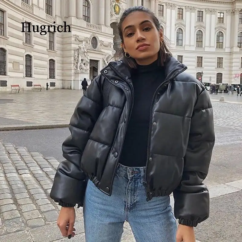Winter Thick Warm Short Parkas Women Fashion Black Pu Leather Coats Women Elegant Zipper Cotton Jackets Female Ladies